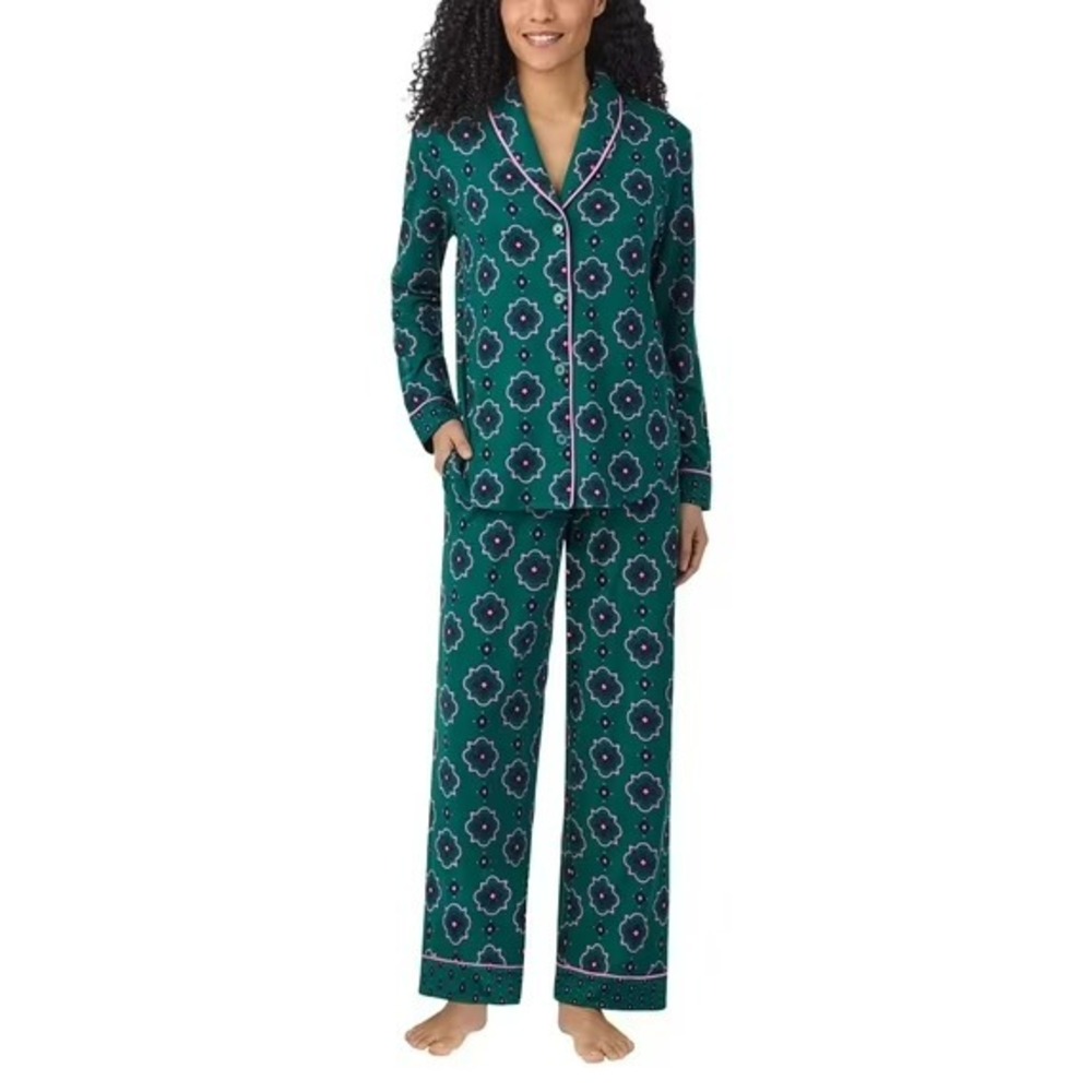 Room Service Pajama Set Geometric Print Long Sleeve Top Pants Size L Green Pink